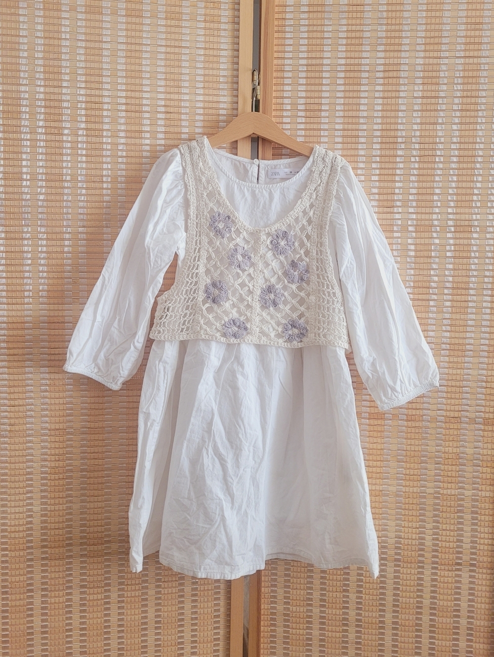 Zara White Girls' Crochet Overlay Dress with Lilac Floral Accents